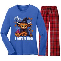 Moo I Mean Boo Witch Highland Cow Halloween Costume Cute Gift Women's Long Sleeve Flannel Pajama Set 