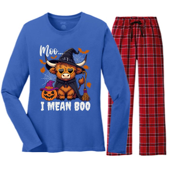 Moo I Mean Boo Witch Highland Cow Halloween Costume Cute Gift Women's Long Sleeve Flannel Pajama Set 