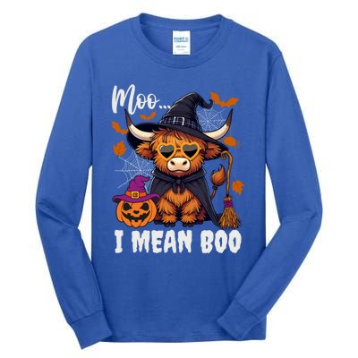 Moo I Mean Boo Witch Highland Cow Halloween Costume Cute Gift Tall Long Sleeve T-Shirt