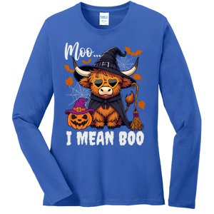 Moo I Mean Boo Witch Highland Cow Halloween Costume Cute Gift Ladies Long Sleeve Shirt