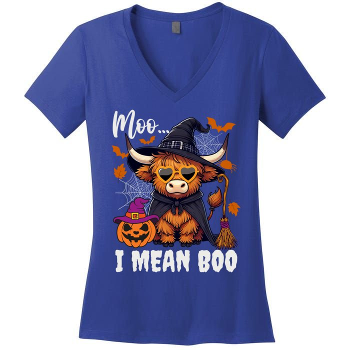 Moo I Mean Boo Witch Highland Cow Halloween Costume Cute Gift Women's V-Neck T-Shirt