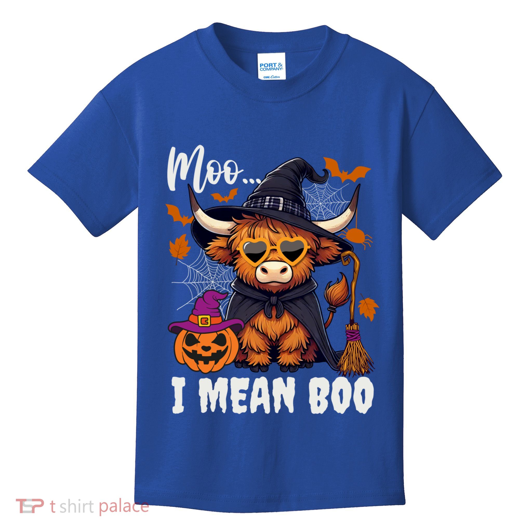 Moo I Mean Boo Witch Highland Cow Halloween Costume Cute Gift Kids T-Shirt