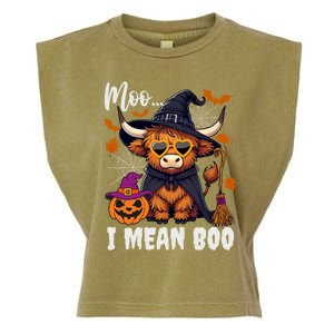 Moo I Mean Boo Witch Highland Cow Halloween Costume Cute Gift Garment-Dyed Women's Muscle Tee