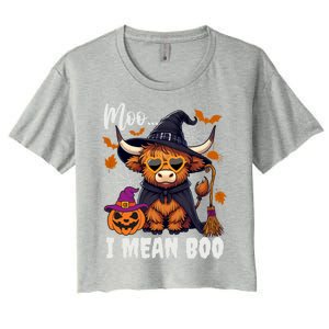 Moo I Mean Boo Witch Highland Cow Halloween Costume Cute Gift Women's Crop Top Tee