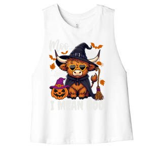 Moo I Mean Boo Witch Highland Cow Halloween Costume Cute Gift Women's Racerback Cropped Tank