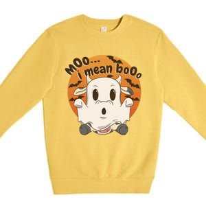 Moo I Mean Booo Cute Halloween Cow Ghost Gift Premium Crewneck Sweatshirt