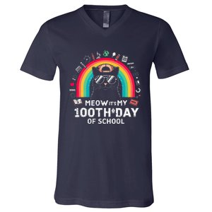 Meow Its My 100th Day Of School Rainbow Cute Kitten Cat V-Neck T-Shirt