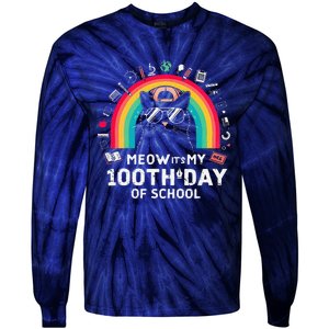 Meow Its My 100th Day Of School Rainbow Cute Kitten Cat Tie-Dye Long Sleeve Shirt