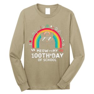 Meow Its My 100th Day Of School Rainbow Cute Kitten Cat Long Sleeve Shirt