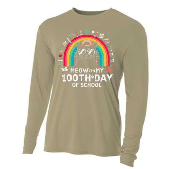 Meow Its My 100th Day Of School Rainbow Cute Kitten Cat Cooling Performance Long Sleeve Crew