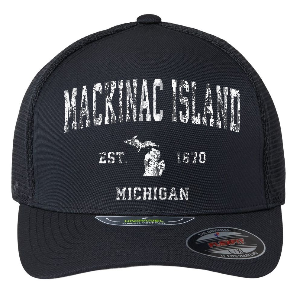 Mackinac Island Michigan Mi Vintage Athletic Sports Design Flexfit Unipanel Trucker Cap