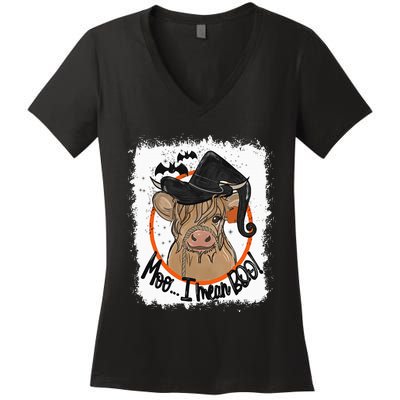 Moo I Mean Boo Ghost Witch Cow Bleached Funny Halloween Women's V-Neck T-Shirt