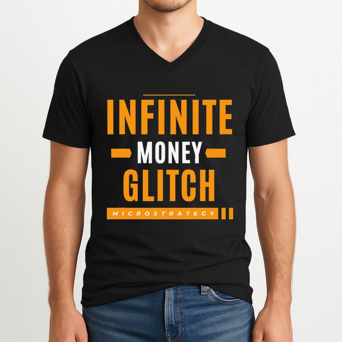 $Mstr Infinite Money Glitch Microstrategy Bitcoin V-Neck T-Shirt