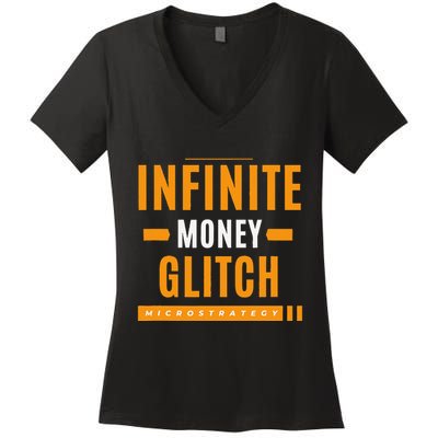$Mstr Infinite Money Glitch Microstrategy Bitcoin Women's V-Neck T-Shirt