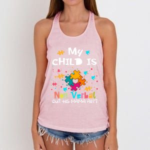 My Is Nonverbal But His Mama Autism Quote Awareness Gift Women's Knotted Racerback Tank