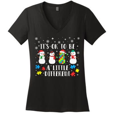 Motivational It's Ok To Be Different Autism Awareness, Christmas Autism Puzzles Women's V-Neck T-Shirt