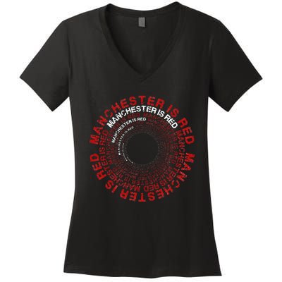 Manchester Is Red Circular Funny United Football Supporter Women's V-Neck T-Shirt