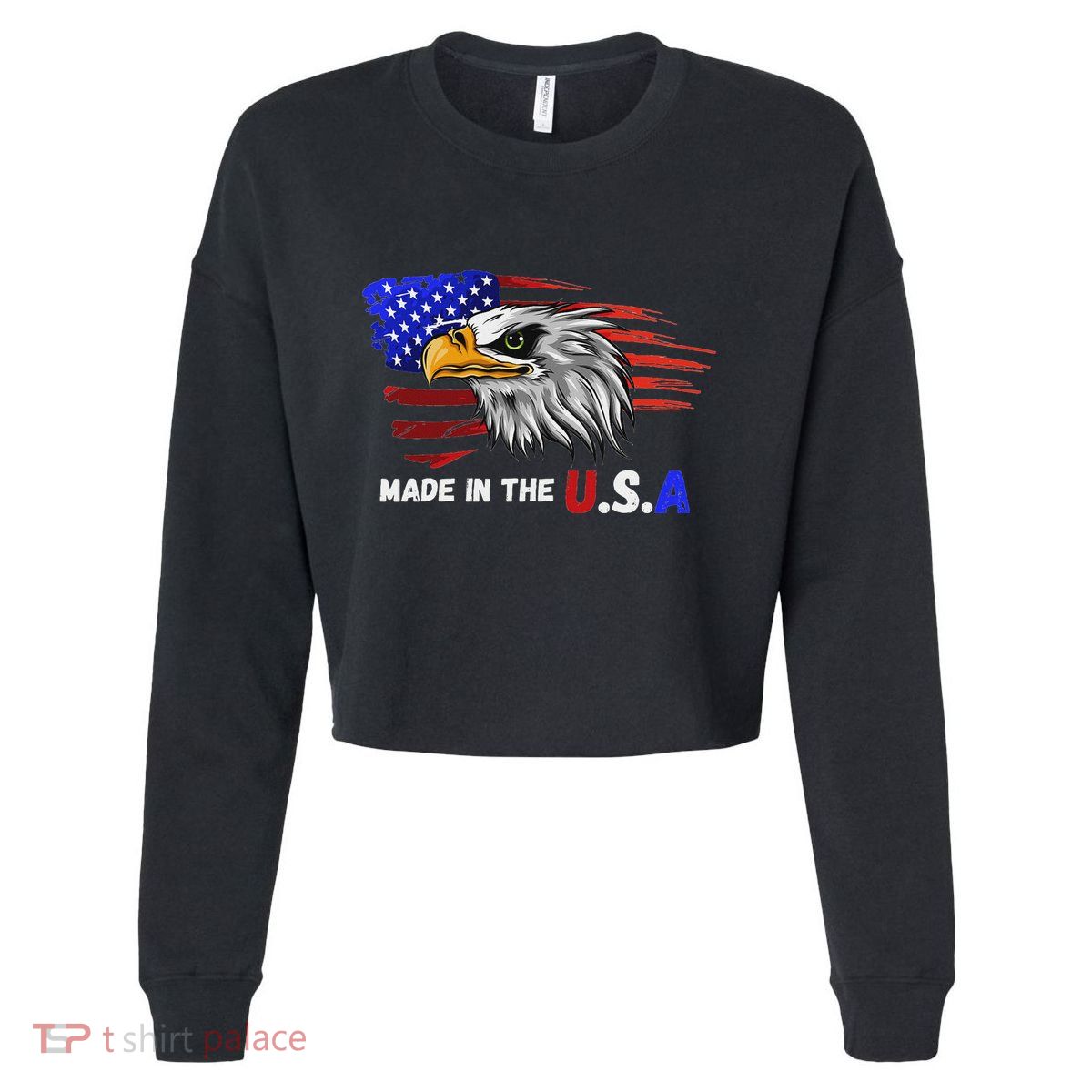 Made In The U.S.A Bald Eagle Patriotic Flag Tattoo Cropped Pullover Crew