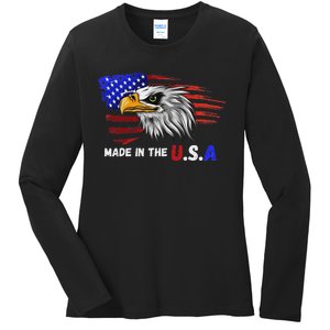 Made In The U.S.A Bald Eagle Patriotic Flag Tattoo Ladies Long Sleeve Shirt