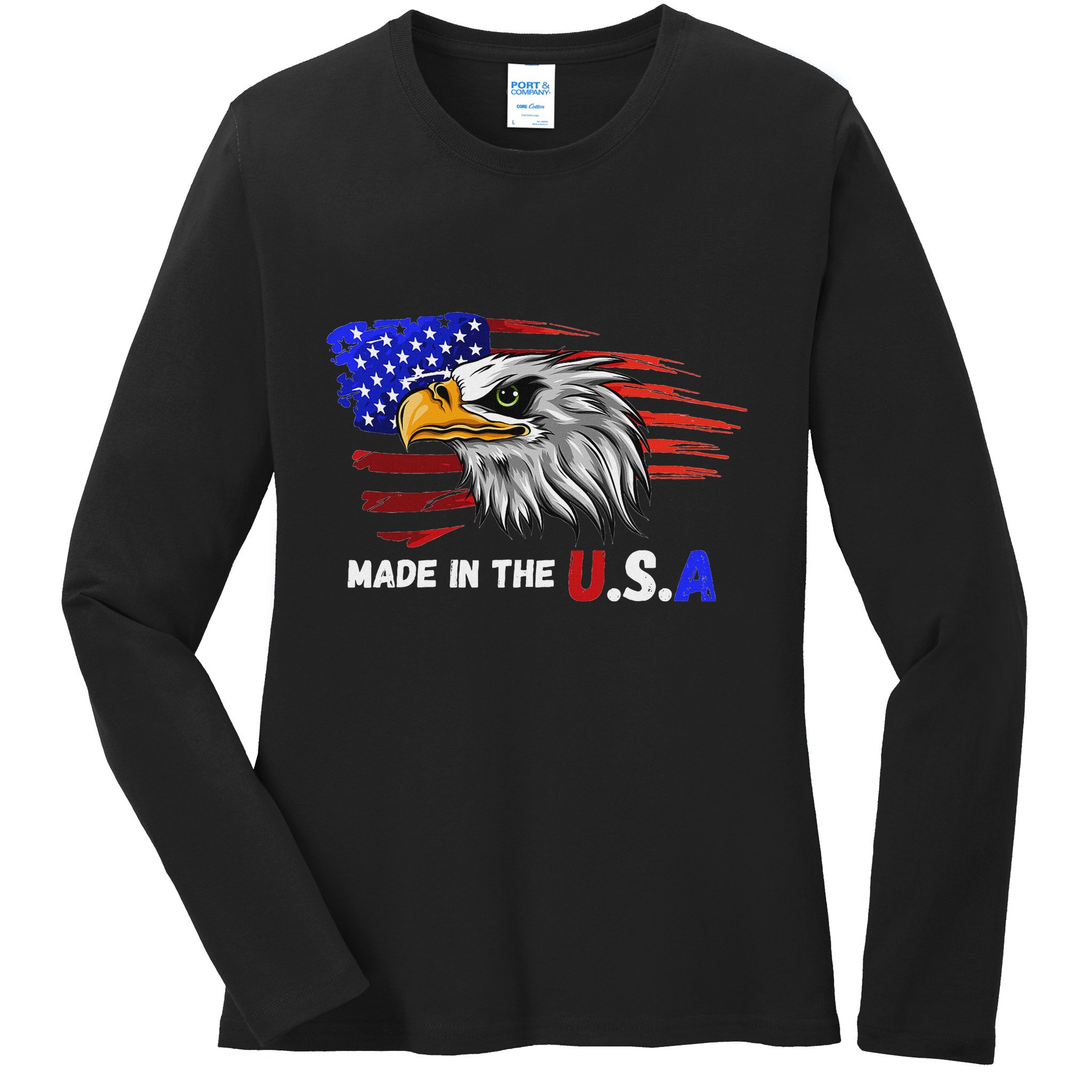 Made In The U.S.A Bald Eagle Patriotic Flag Tattoo Ladies Long Sleeve Shirt