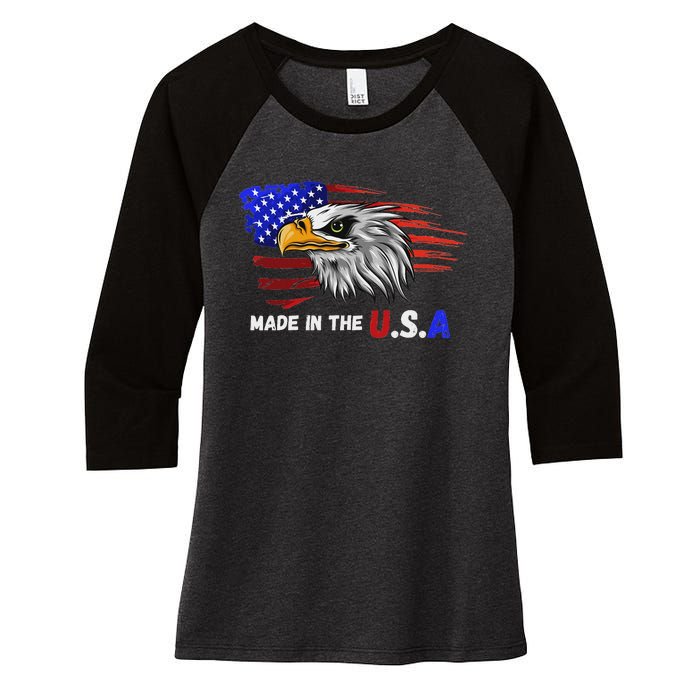 Made In The U.S.A Bald Eagle Patriotic Flag Tattoo Women's Tri-Blend 3/4-Sleeve Raglan Shirt