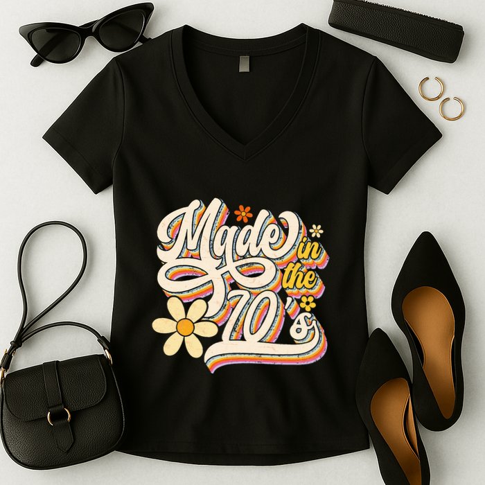 Made In The 70S Retro Created During 1970s Groovy Birthday Women's V-Neck T-Shirt