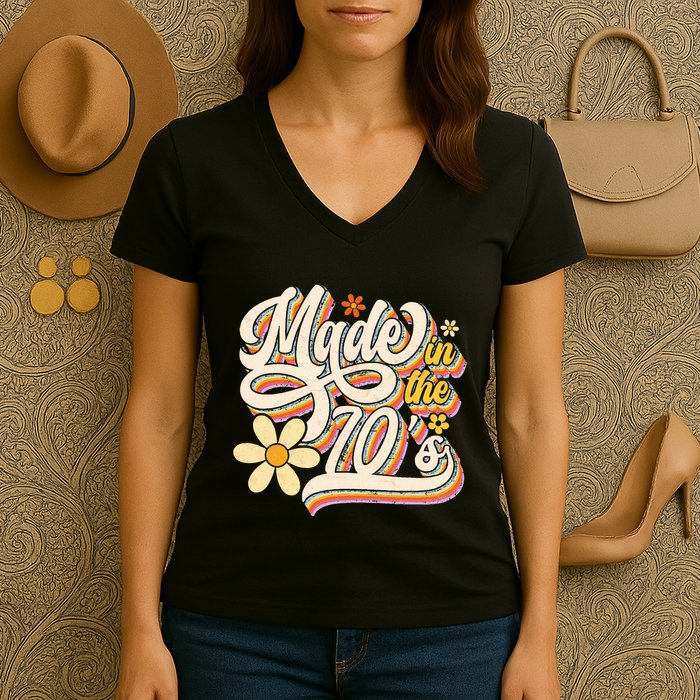 Made In The 70S Retro Created During 1970s Groovy Birthday Women's V-Neck T-Shirt