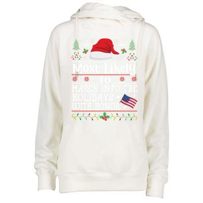 March Into The Holidays W/ Honor Patriotic Christmas Soldier Gift Womens Funnel Neck Pullover Hood