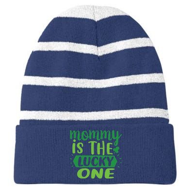 Mommy Is The Lucky One St Pattricks Day Striped Beanie with Solid Band