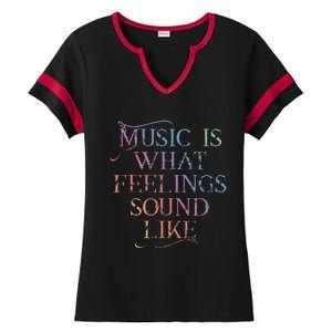 Music Is What Feelings Sound Like Rainbow Letters Ladies Halftime Notch Neck Tee