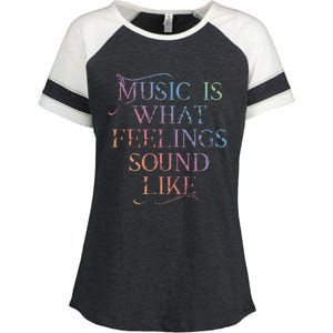 Music Is What Feelings Sound Like Rainbow Letters Enza Ladies Jersey Colorblock Tee