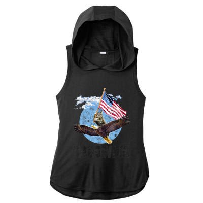 Meowica July 4h Funny Cat Bald Eagle American Flag Ladies PosiCharge Tri-Blend Wicking Draft Hoodie Tank