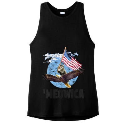 Meowica July 4h Funny Cat Bald Eagle American Flag Ladies PosiCharge Tri-Blend Wicking Tank
