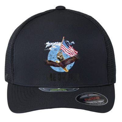 Meowica July 4h Funny Cat Bald Eagle American Flag Flexfit Unipanel Trucker Cap