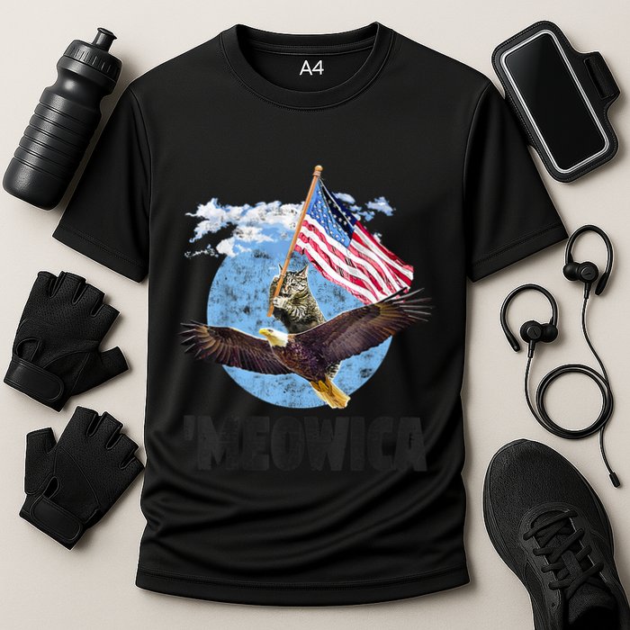 Meowica July 4h Funny Cat Bald Eagle American Flag Cooling Performance Crew T-Shirt