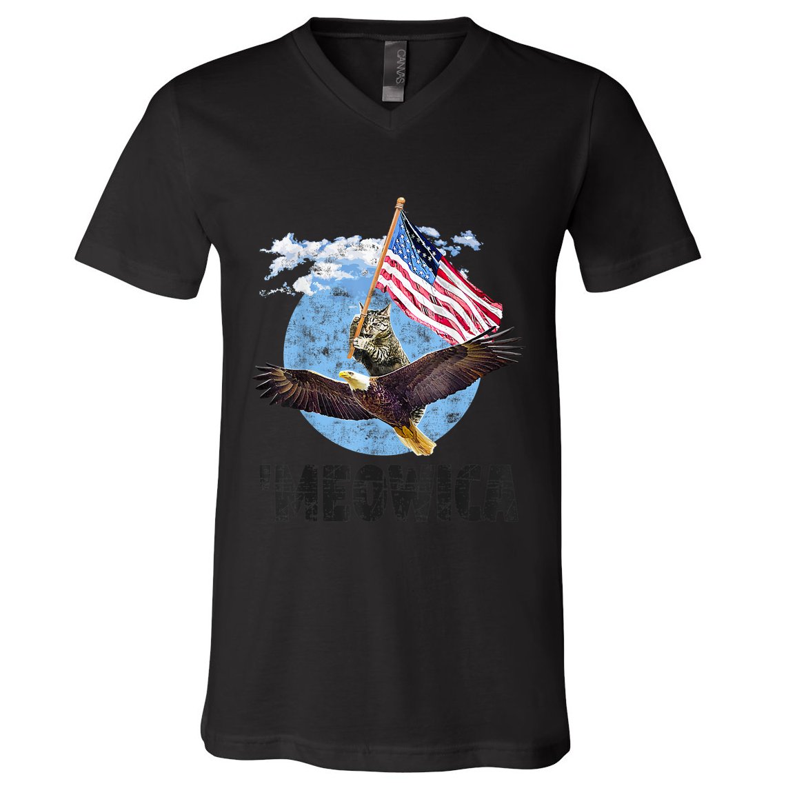 Meowica July 4h Funny Cat Bald Eagle American Flag V-Neck T-Shirt
