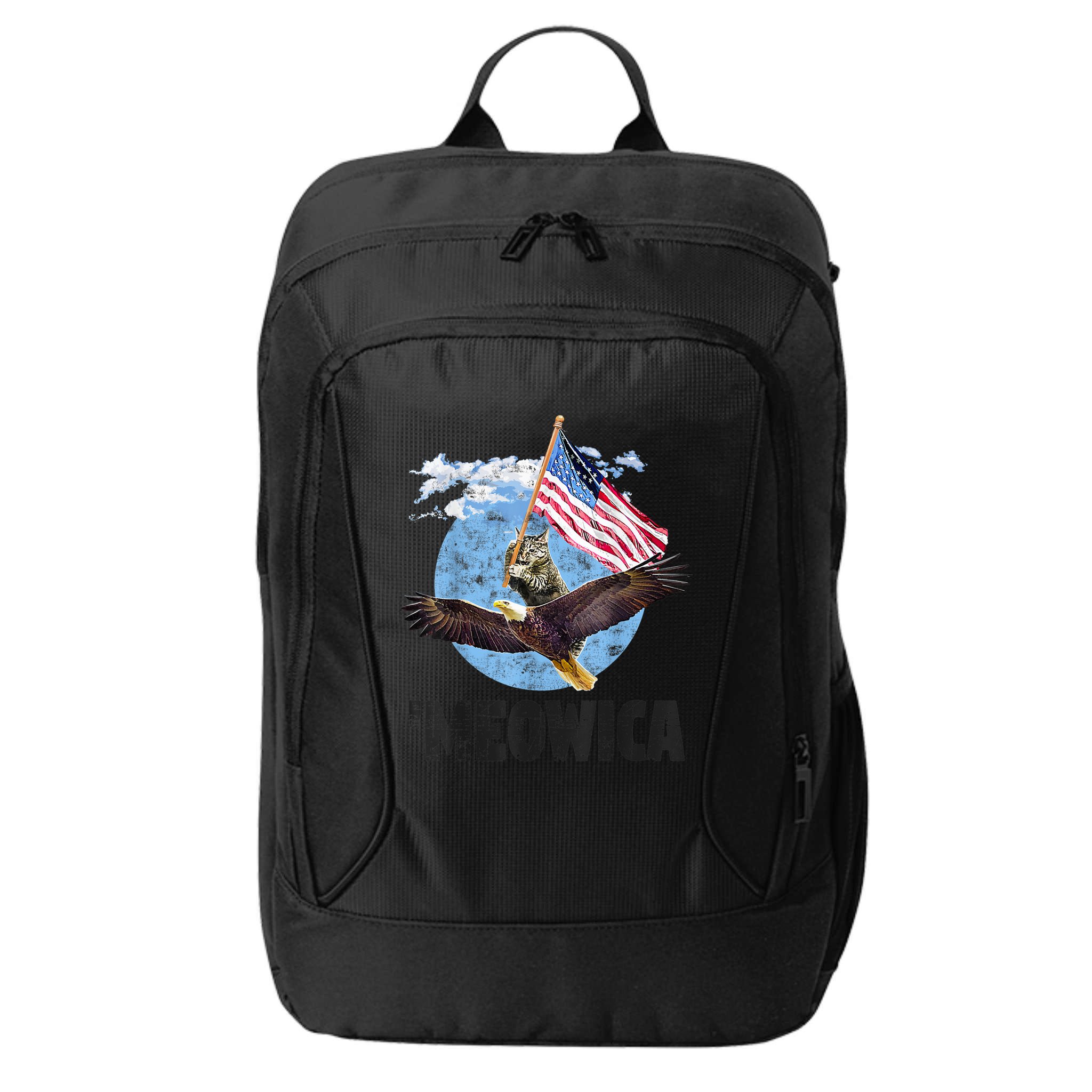 Meowica July 4h Funny Cat Bald Eagle American Flag City Backpack