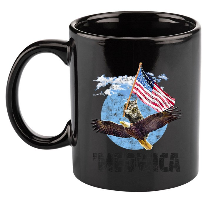 Meowica July 4h Funny Cat Bald Eagle American Flag 11oz C Handle Ceramic Mug