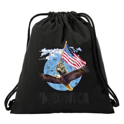 Meowica July 4h Funny Cat Bald Eagle American Flag Drawstring Bag