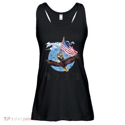 Meowica July 4h Funny Cat Bald Eagle American Flag Ladies Essential Flowy Tank