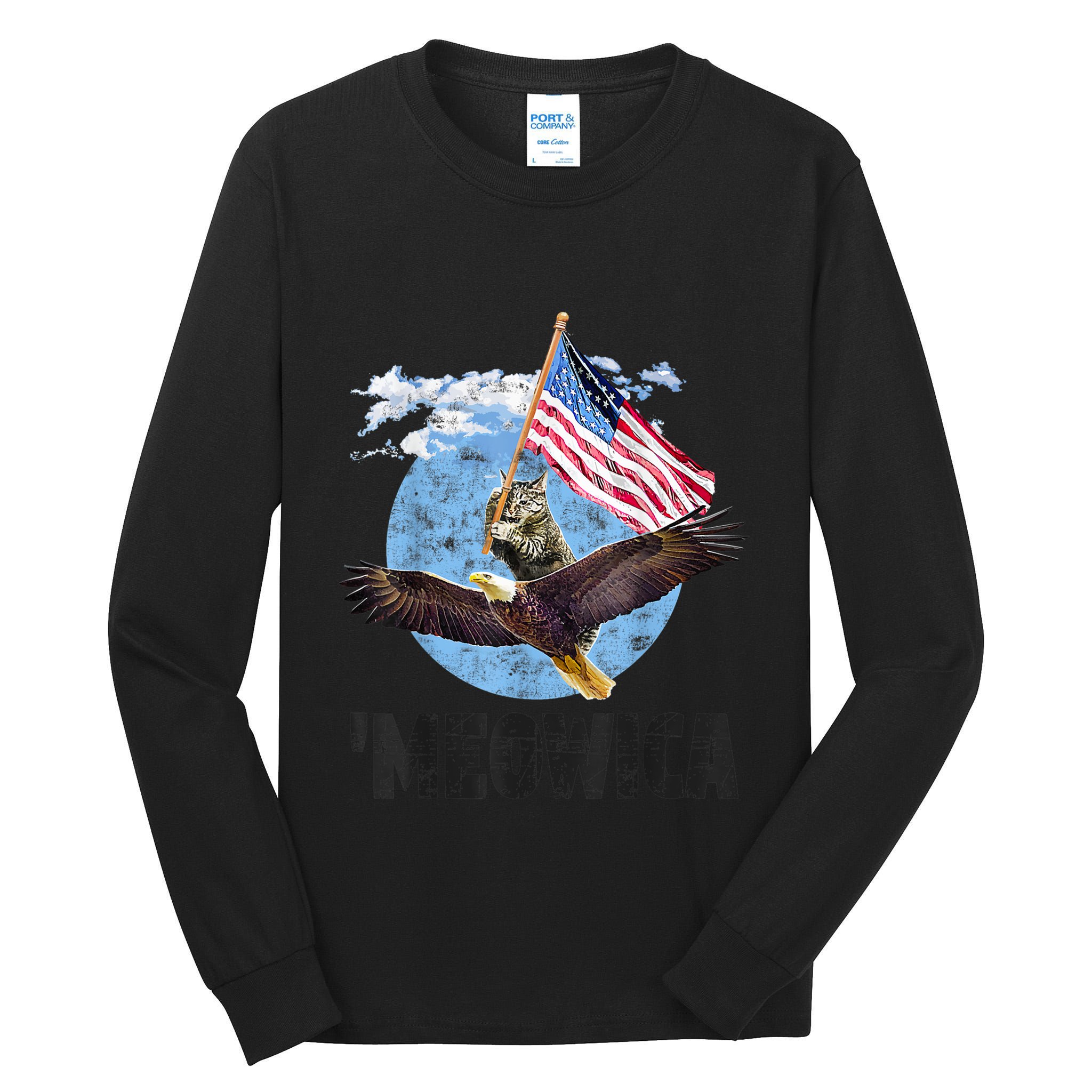Meowica July 4h Funny Cat Bald Eagle American Flag Tall Long Sleeve T-Shirt