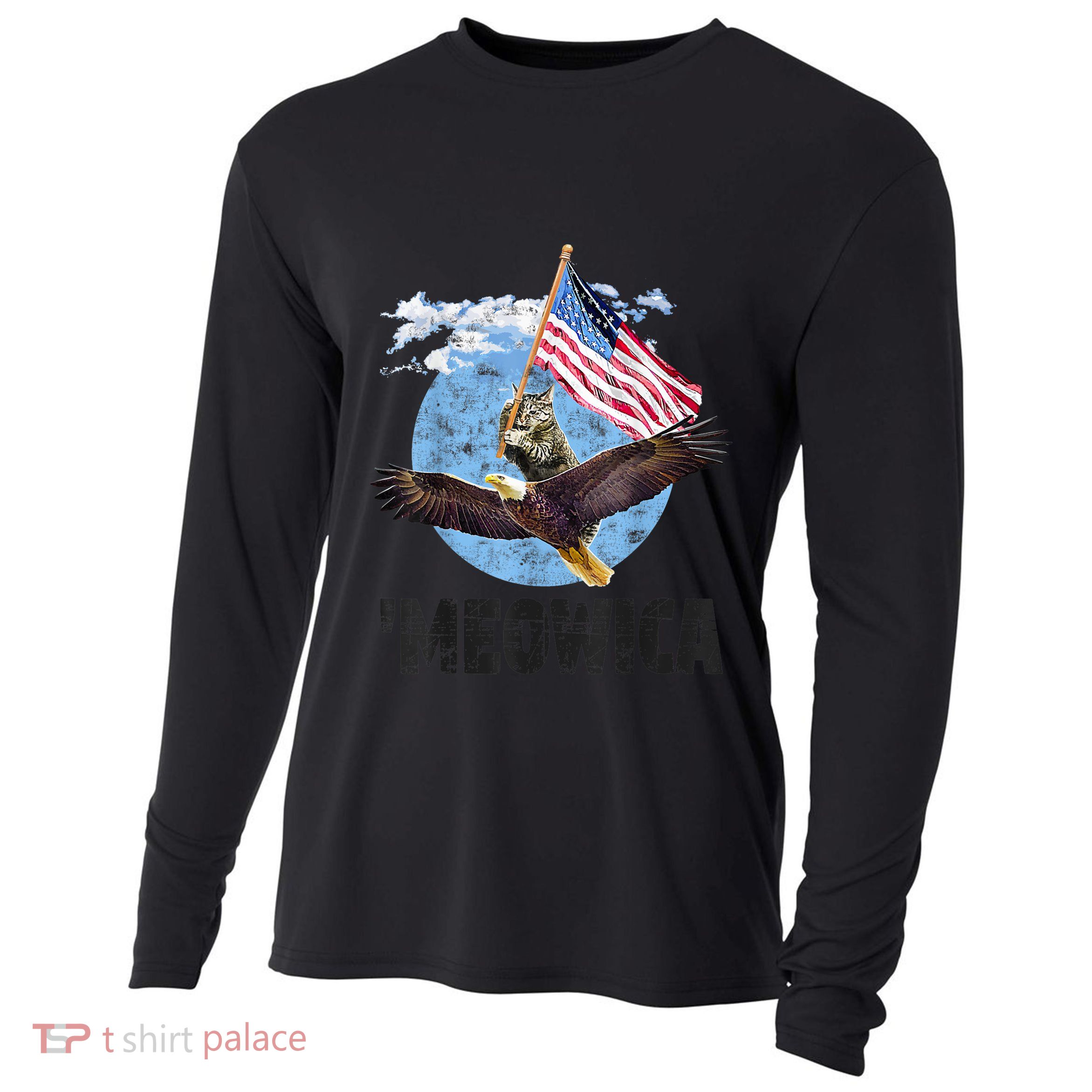 Meowica July 4h Funny Cat Bald Eagle American Flag Cooling Performance Long Sleeve Crew