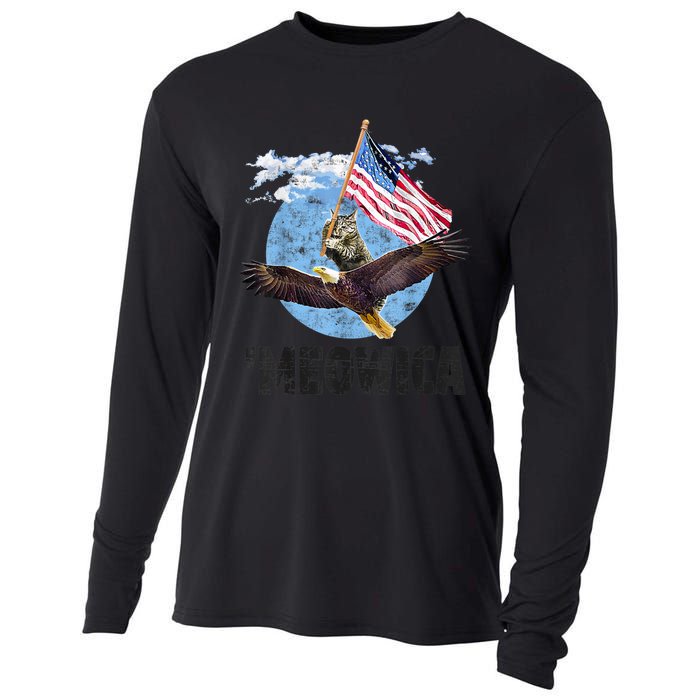 Meowica July 4h Funny Cat Bald Eagle American Flag Cooling Performance Long Sleeve Crew