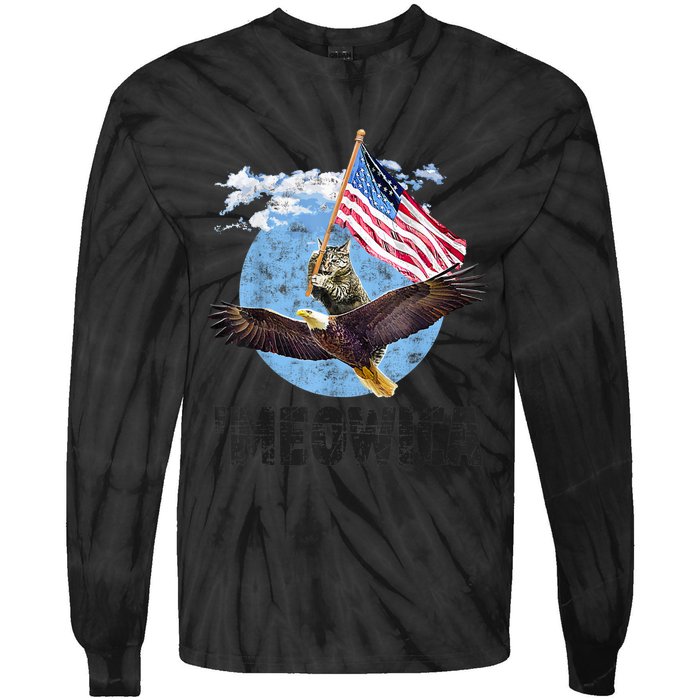 Meowica July 4h Funny Cat Bald Eagle American Flag Tie-Dye Long Sleeve Shirt