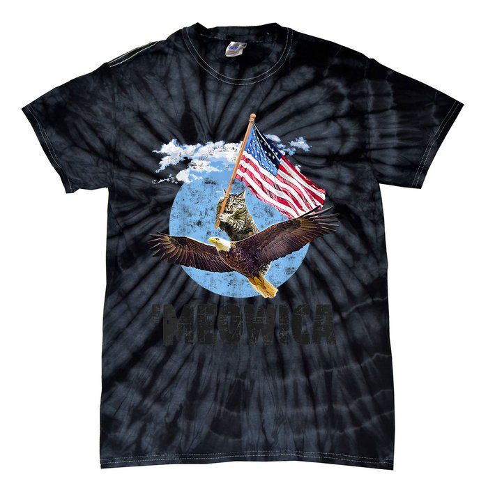 Meowica July 4h Funny Cat Bald Eagle American Flag Tie-Dye T-Shirt