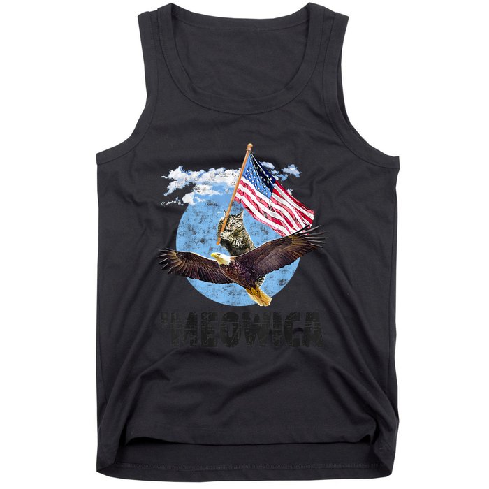 Meowica July 4h Funny Cat Bald Eagle American Flag Tank Top