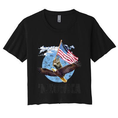 Meowica July 4h Funny Cat Bald Eagle American Flag Women's Crop Top Tee