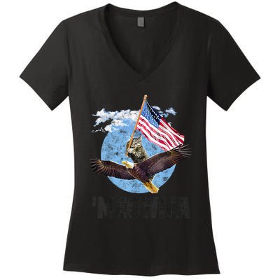 Meowica July 4h Funny Cat Bald Eagle American Flag Women's V-Neck T-Shirt