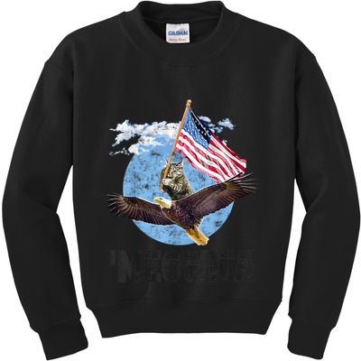 Meowica July 4h Funny Cat Bald Eagle American Flag Kids Sweatshirt