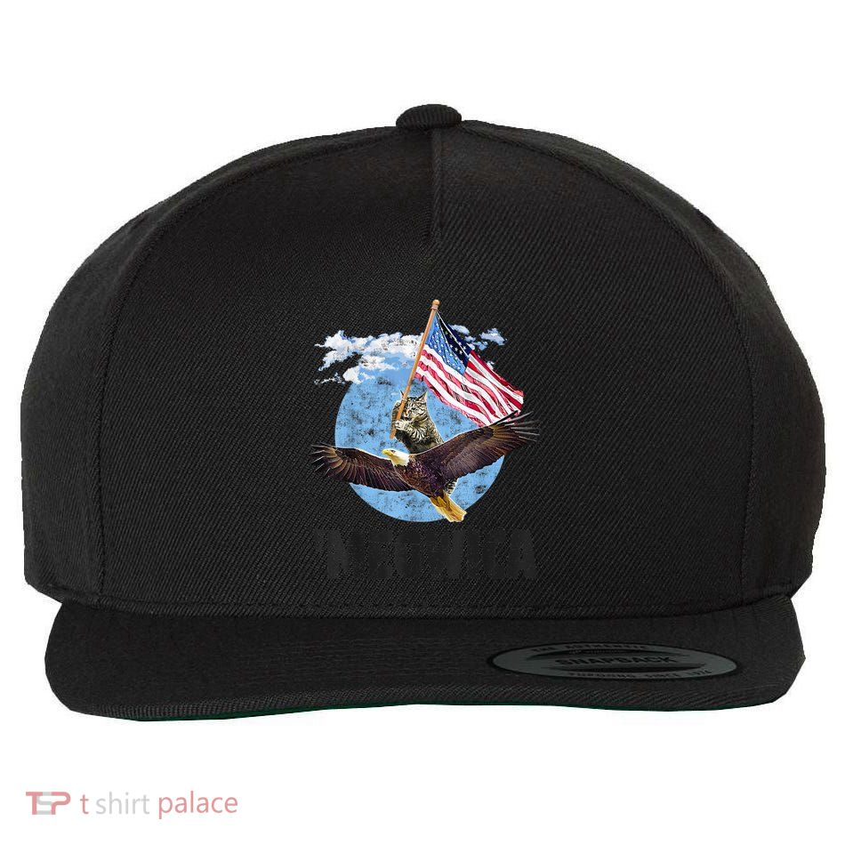 Meowica July 4h Funny Cat Bald Eagle American Flag Wool Snapback Cap